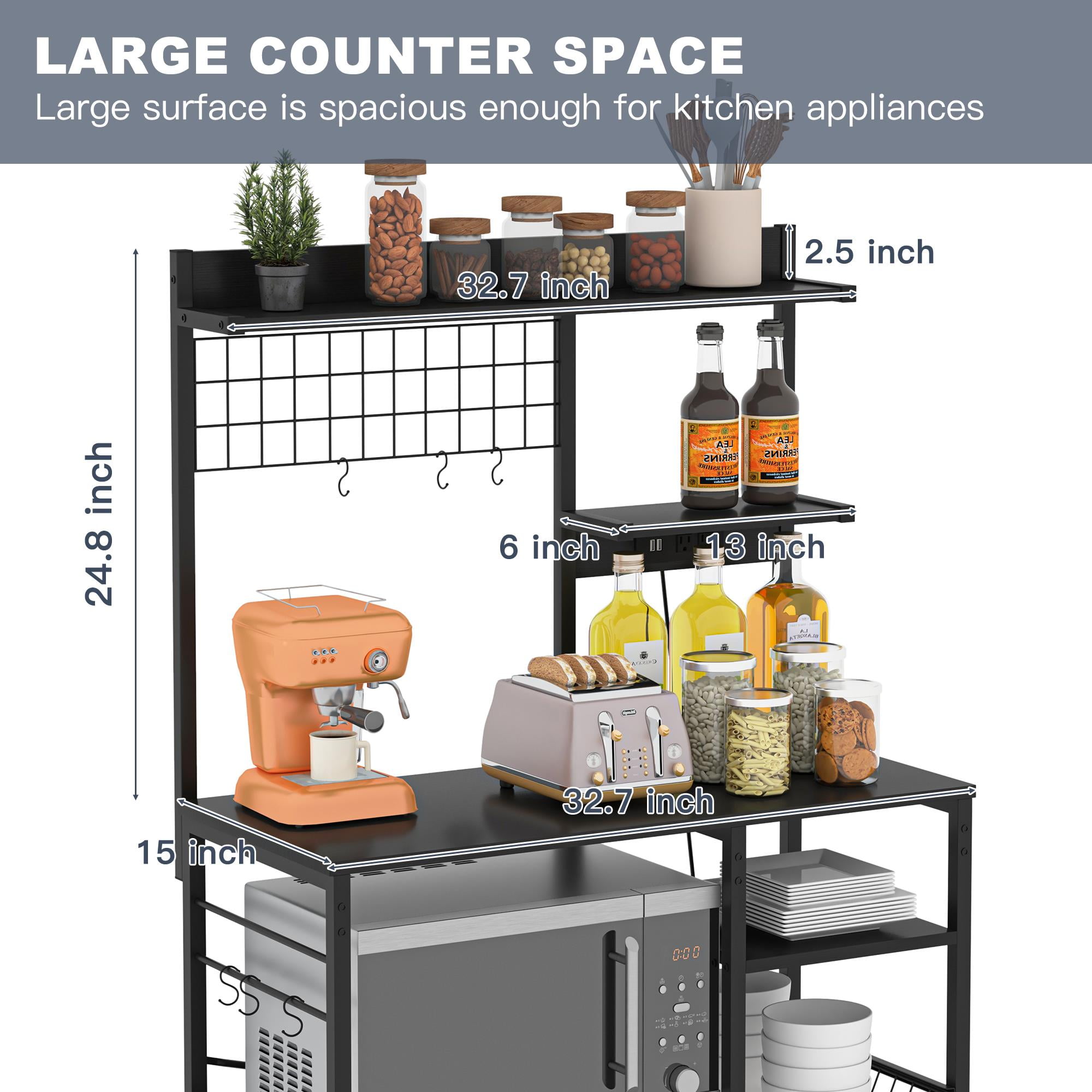 Finihen Large Bakers Rack with Power Outlets, 6-Tier Microwave Stand, Coffee Bar with 8 S-Shaped Hooks, Kitchen Shelf with Wire Basket, Black Finihen Large Bakers Rack with Power Outlets, 6-Tier Microwave Stand, Coffee Bar with 8 S-Shaped Hooks, Kitchen Shelf with Wire Basket, Black