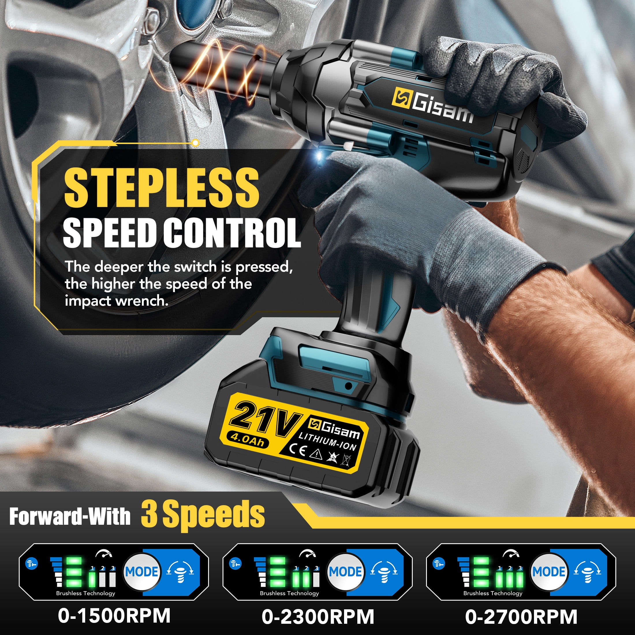 Gisam 1000N.m(738 ft-lbs) Cordless Brushless Impact Wrench,1/2 inch Impact Gun with 2x4.0Ah Batteries & 6 Sockets Accessories ,Pistola De Impacto for Home Car Tire