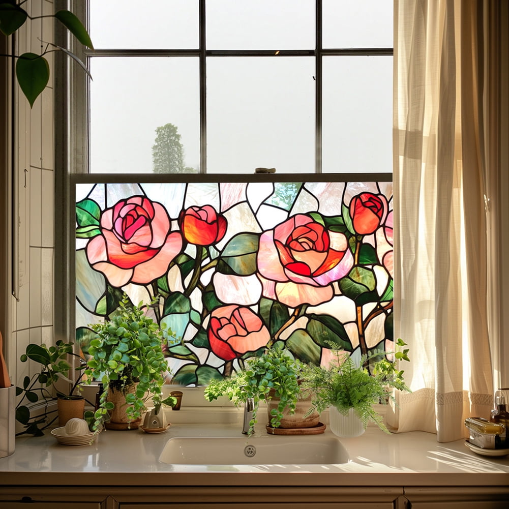 Stained Glass Window Film, Flower Static Cling Window Privacy Film Decorative UV Sun Blocking Non-Adhesive Glass Window Covering for Home Bathroom
