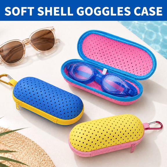 Swim Goggle Case for Swimming Goggles, Silicone Protective Cases with Drain Hole, Zipper with Clip, 3 Pack