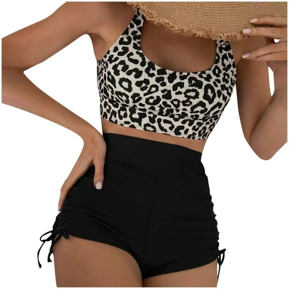 Honeeladyy Womens High Waisted Bikini Sets Sports Two Piece Swimsuits Printed Strap Top with Side Tie Boyshorts Black L
