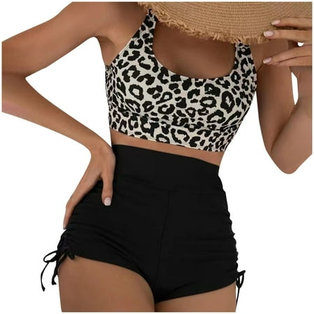 Lopeceal Women s Leopard Print Bikini Top Wireless Scoop Neck Bathing Suit Tops with Boyshorts Beachwear