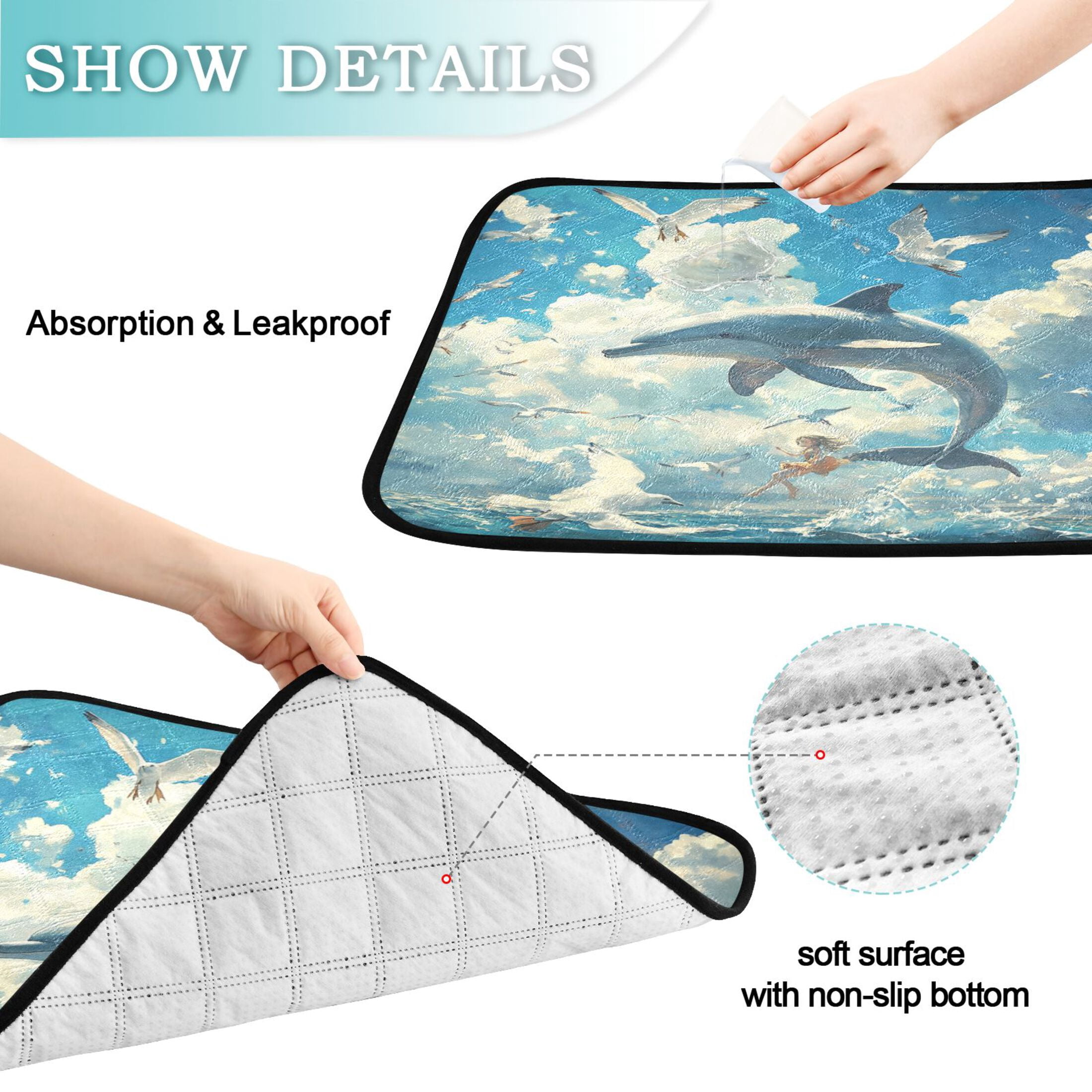 Qxltty Dolphins Collide with Seagulls Cat litter Pads Pet Set of 3 Diaper Mats Center Anti-leakage Layer Absorbent Soft and Comfortable