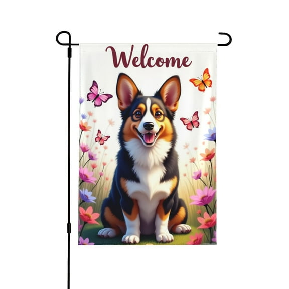 Welcome Spring Summer Garden Flag Adorable Corgi Dog With Butterflies & Flowers Double Sided 12x18 Inch Yard Flag Outdoor House Decor Seasonal Farmhouse Banner