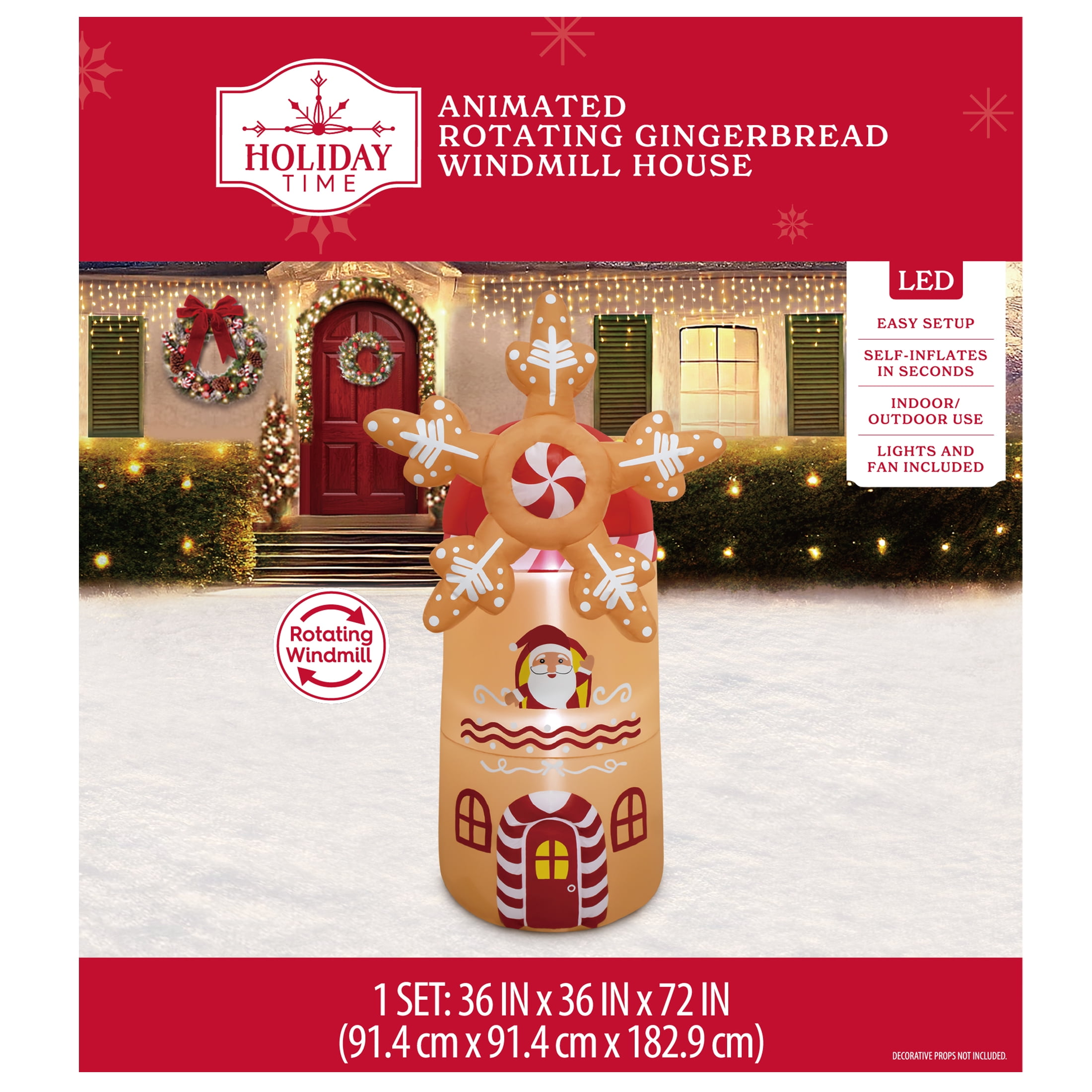 6 ft Animated Rotating Gingerbread Windmill House Christmas Airblown Yard Inflatable, Brown, by Holiday Time