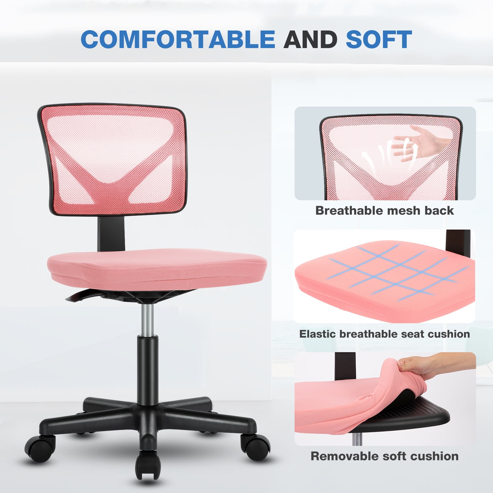 Gianna Armless Desk Chair, Low Back Adjustable Rolling Chairs with Wheels for Home Office Study