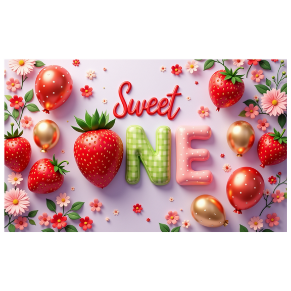 Pink Design First Birthday Banner Strawberry Theme Party Decoration Balloon Design Sweet One Banner for Kids Celebration Indoor Party Decoration