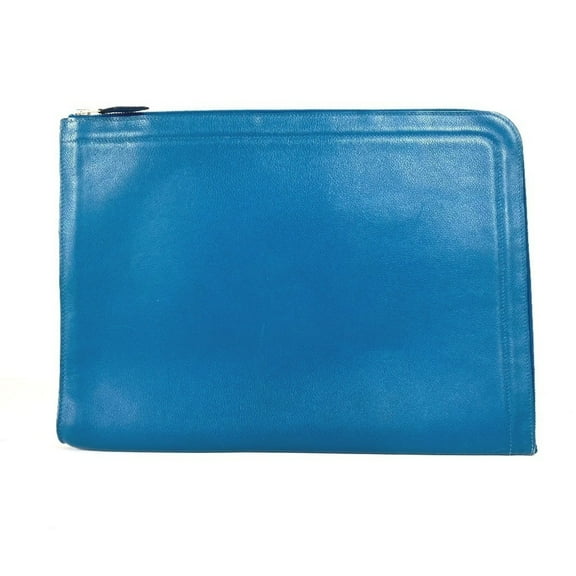 Pre-Owned HERMES Hermes L-shaped zipper bag pouch second clutch leather men women blue (Good)