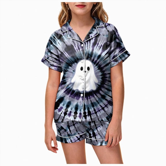 UAYOTSE Kids Silky Satin Nightwear Set, Girls Short‑Sleeve Collared Button‑Front Top with Coordinating Shorts, Casual Home Sleep Outfit Size 8-9 Years