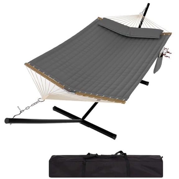 Steel Frame 2-Person Hammock Suite with Stand, Heavy Duty 450Lb Capacity, Quilted Polyester & Net Design, Includes Storage Bag - for Backyard, Patio, Camping,Dark Gray