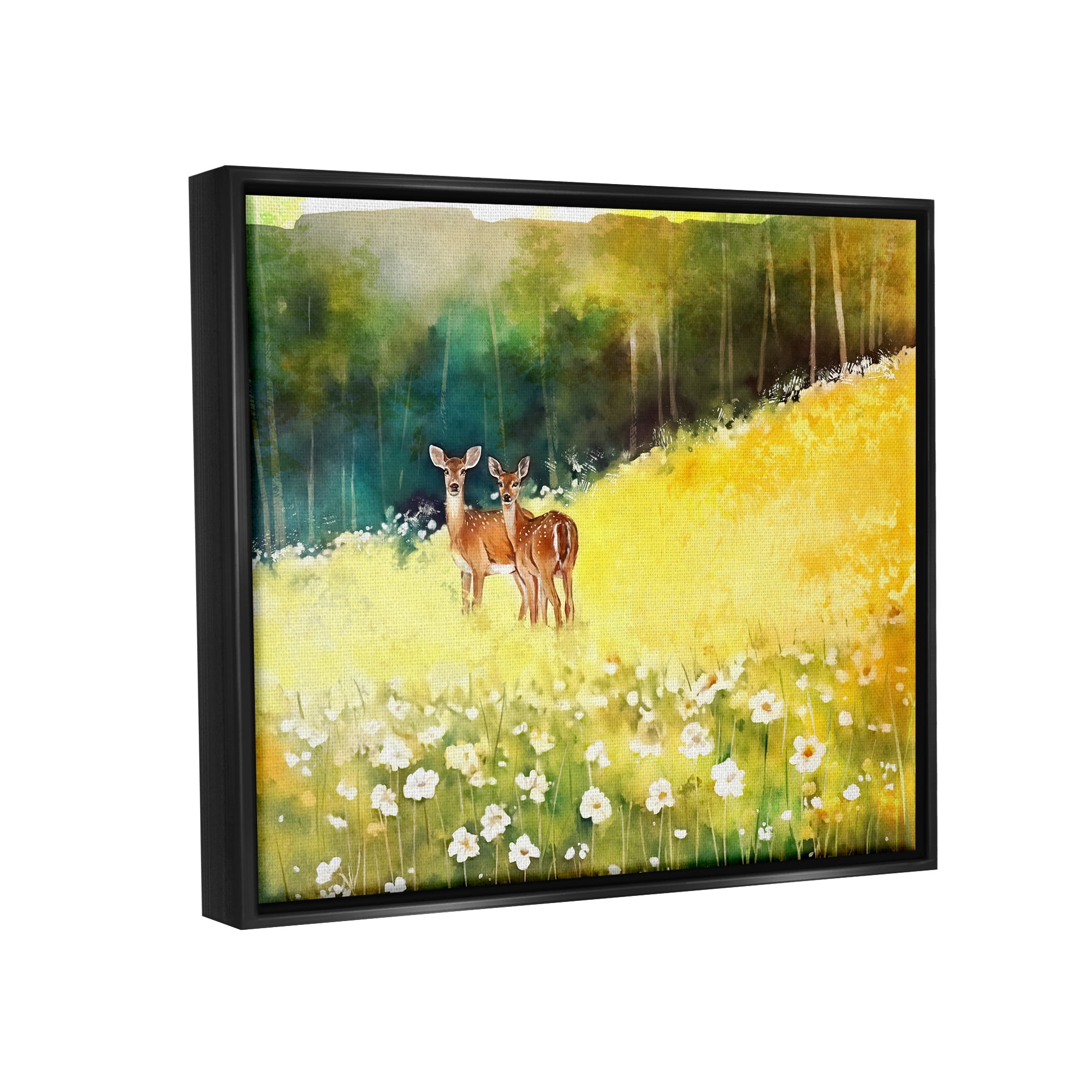 Stupell Industries Fawns in Meadow Watercolor Animals & Insects Painting Black Floater Framed Canvas Art Print Wall Art, 31 x 25