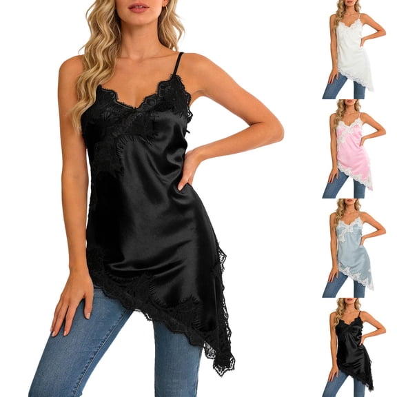 Asxite Womens Pajamas Solid Irregular Hem Lace Camisole Short Nightgown Satin