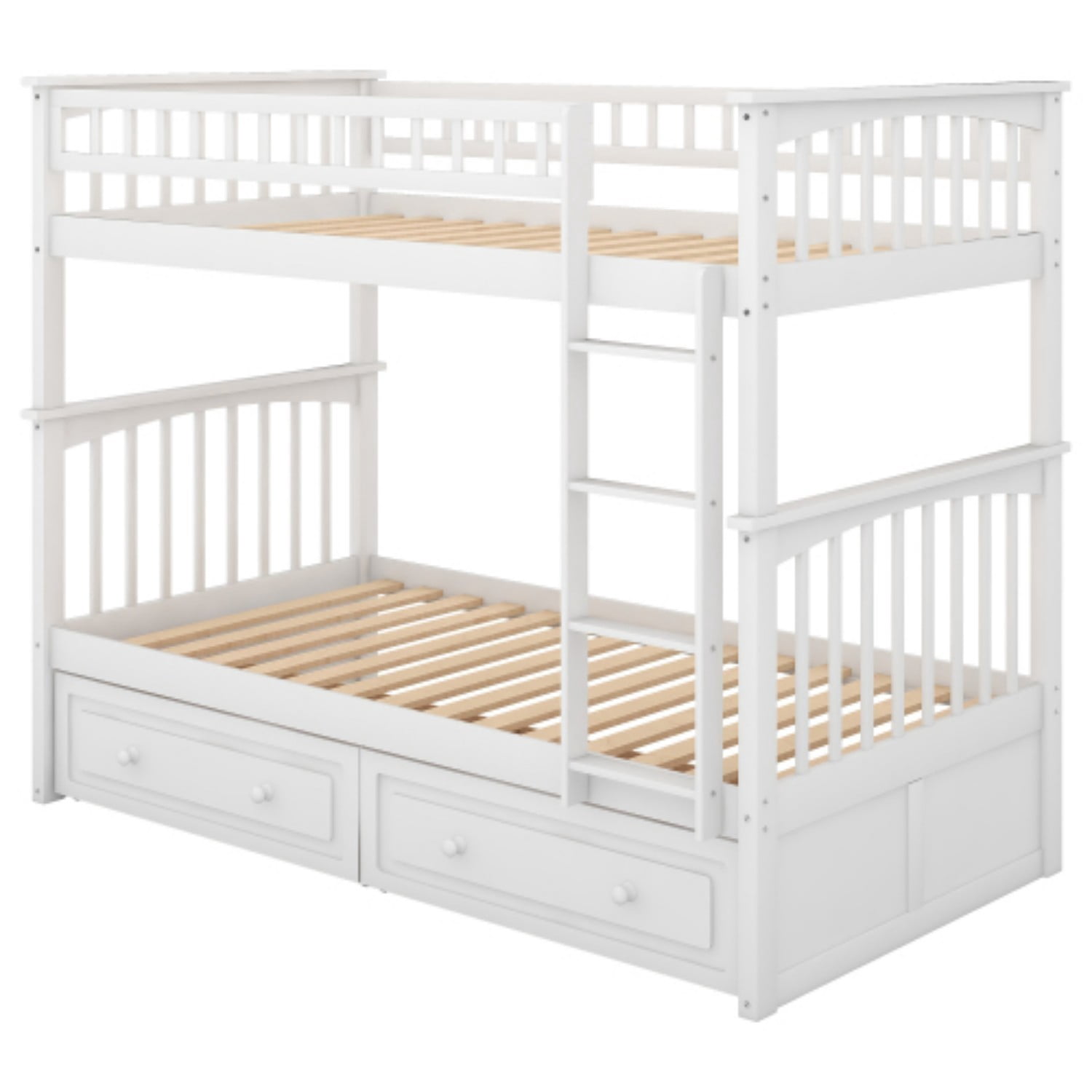 Twin Over Twin Bunk Bed with Storage Drawers, Convertible Wood Bunk Bed with Safety Guardrails, Solid Pine Wood Kids Bed Frame for Bedroom, White