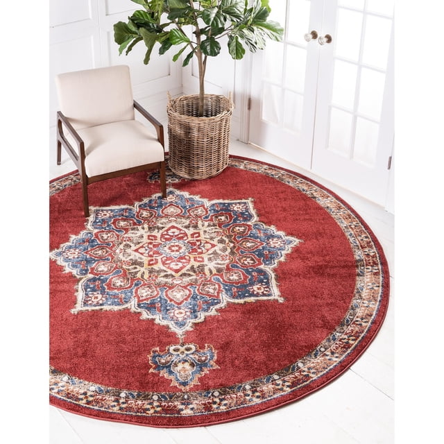 Unique Loom Utopia Collection Traditional Medallion Vintage Warm Tones Round Rug, 8', Burgundy/Beige