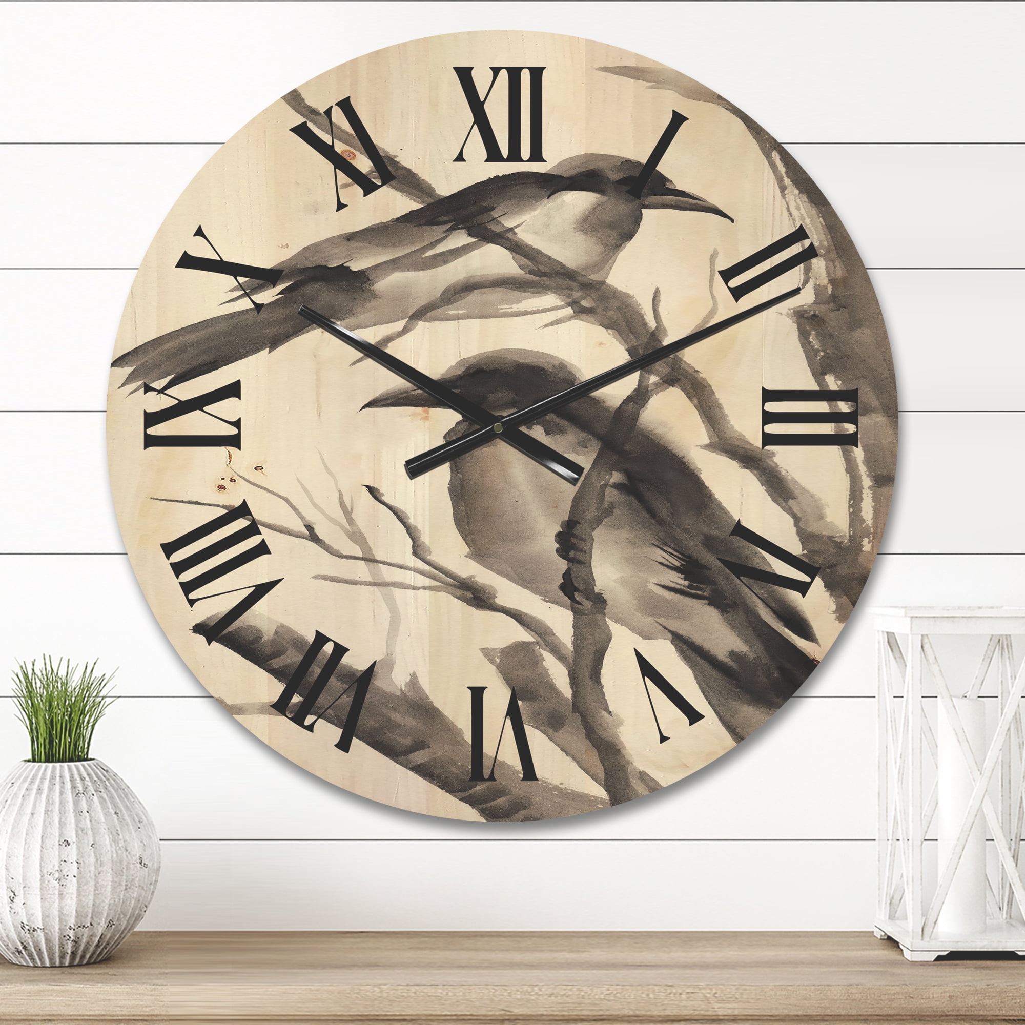 Designart 'Vintage Black and White Sleeping Crows' Traditional Wood Wall Clock