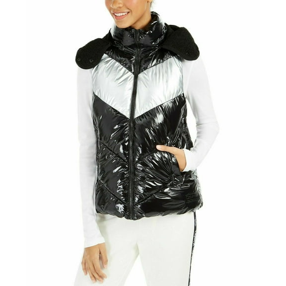 Calvin Klein Women's Performance Chevron-Quilted Hooded Vest Black Silver