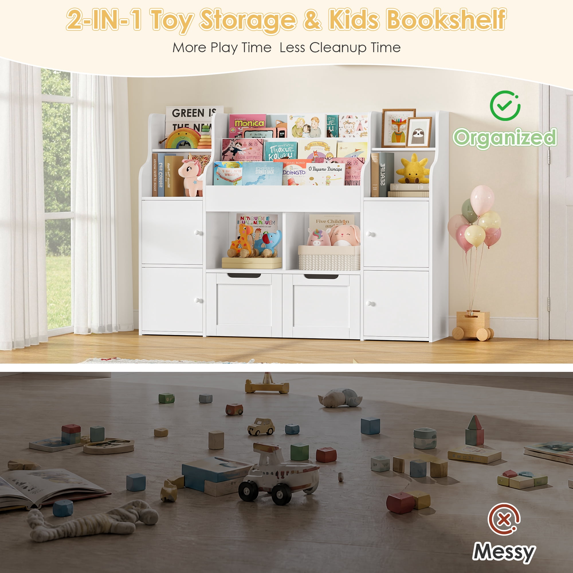 Homfa 4 Doors Kids Bookcase with 3 Tier Book Racks & 2 Mobile Drawers, 4 Cube Bookshelves Toy Storage Organizer for Playroom Kids Room, White