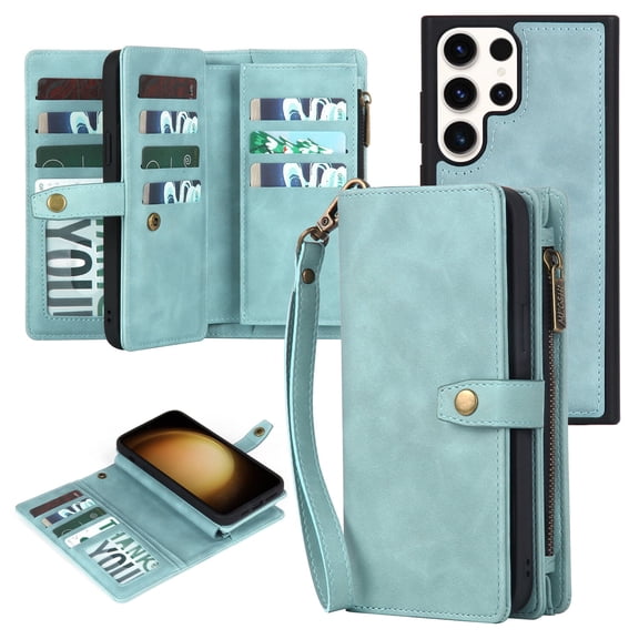 Galaxy S23 Ultra Wallet Case with Strap, Zipper Wallet, RFID Blocking Card Holder & Detachable Magnetic Slim Case [Wireless Charging], PU Leather Shockproof  Women/Men, Green