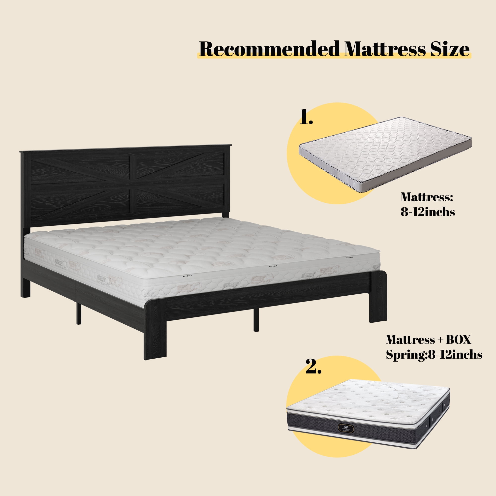 King Size Farmhouse Wooden Bed Frame with Headboard, Boho Platform Bedframe Sturdy Metal Slats Support, No Spring Mattress , Silent Operation, Easy Assembly (King, Black)