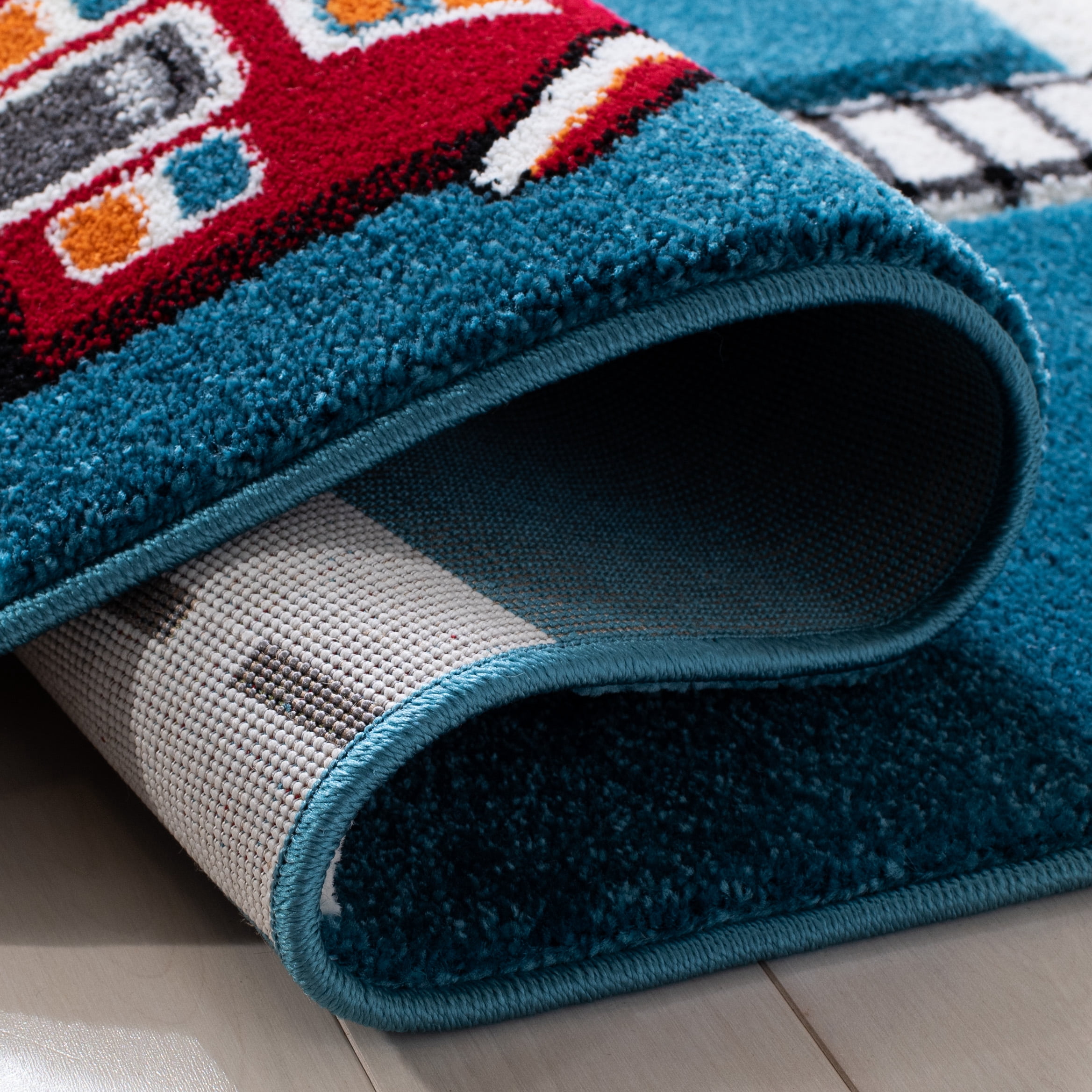 SAFAVIEH Carousel Kids Devan Train Track Area Rug, Turquoise/Ivory, 3' x 3' Square
