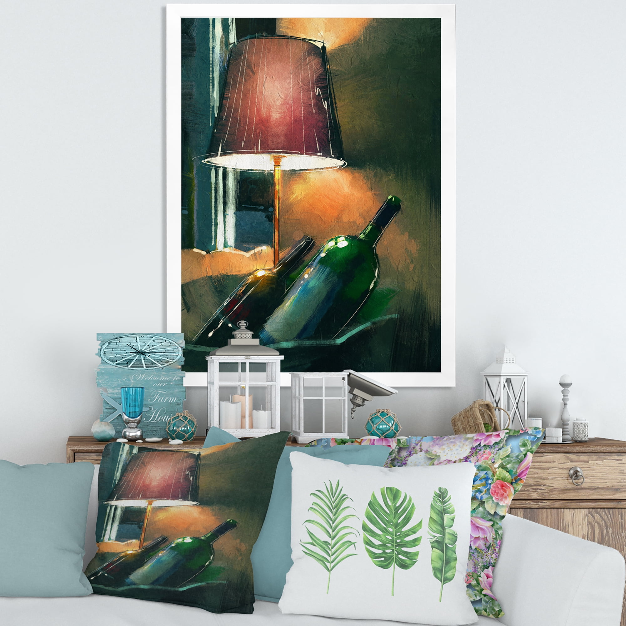 Designart 'Lamp Glowing Orange In The Night and Wine Bottles' Modern Framed Art Print