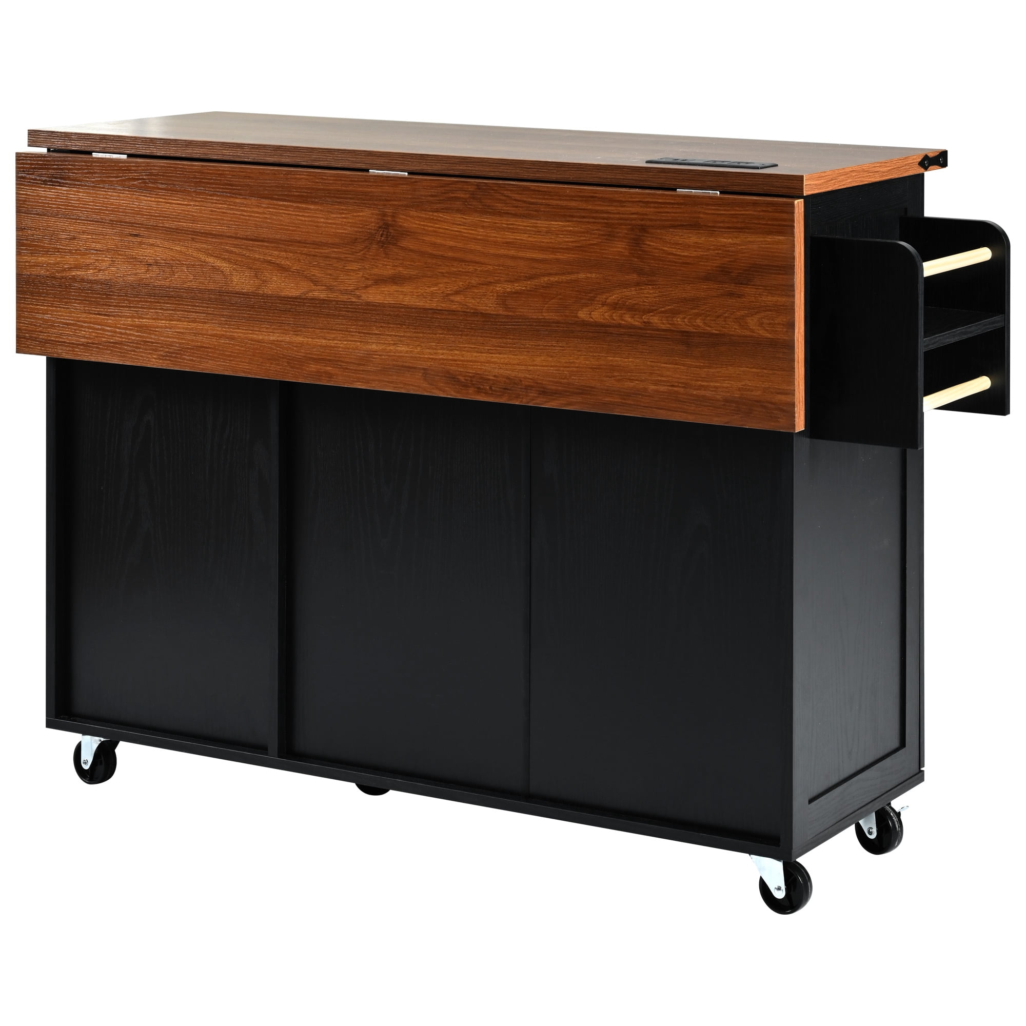 Lunale 54.5" Kitchen Storage Island for Dining Room, 2 Door Rolling Kitchen Island with Power Outlet, Black