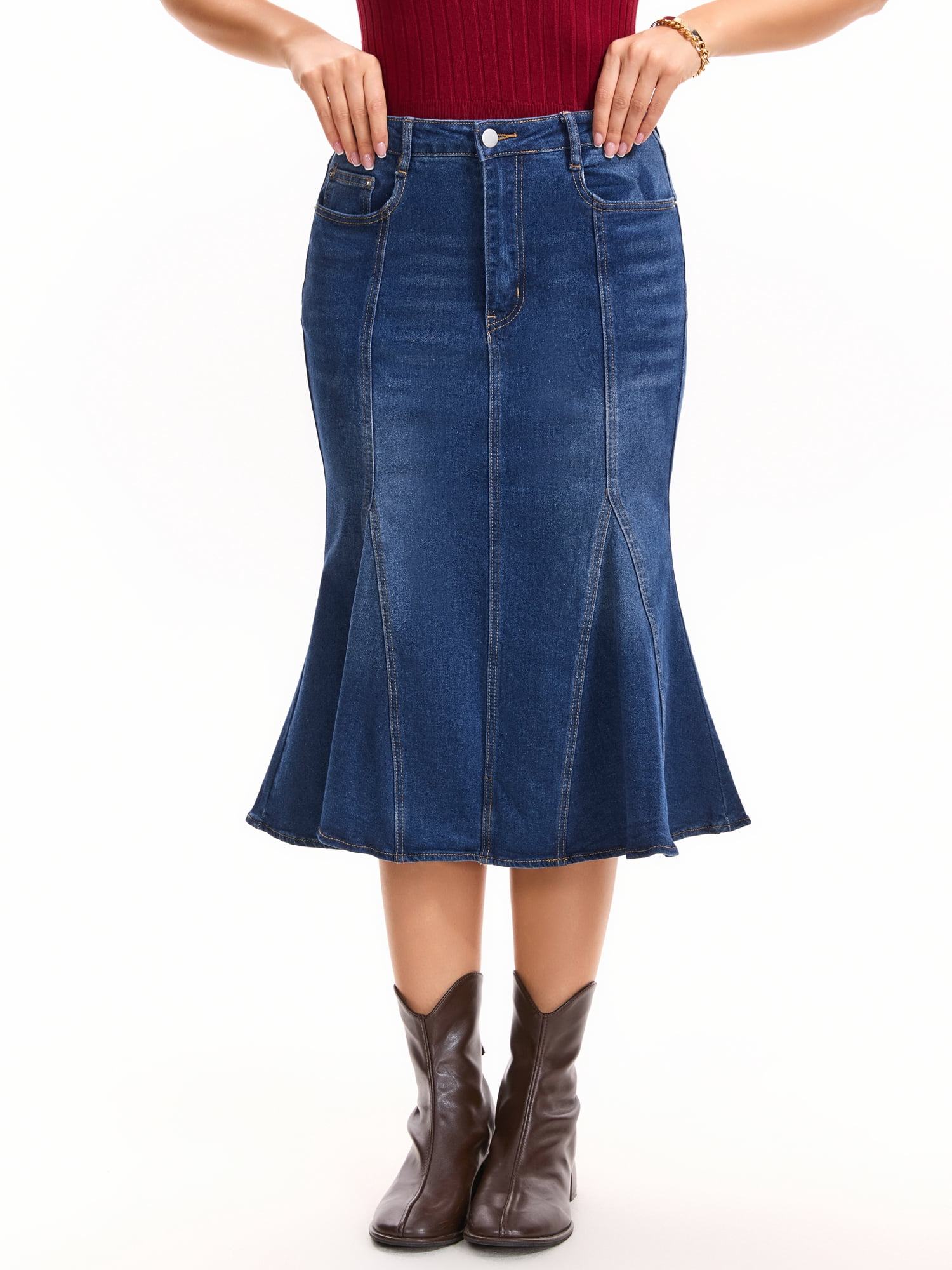 DARING DIVA Women's Denim Washed High Waisted Fishtail Midi Jean Skirt S Deep Blue