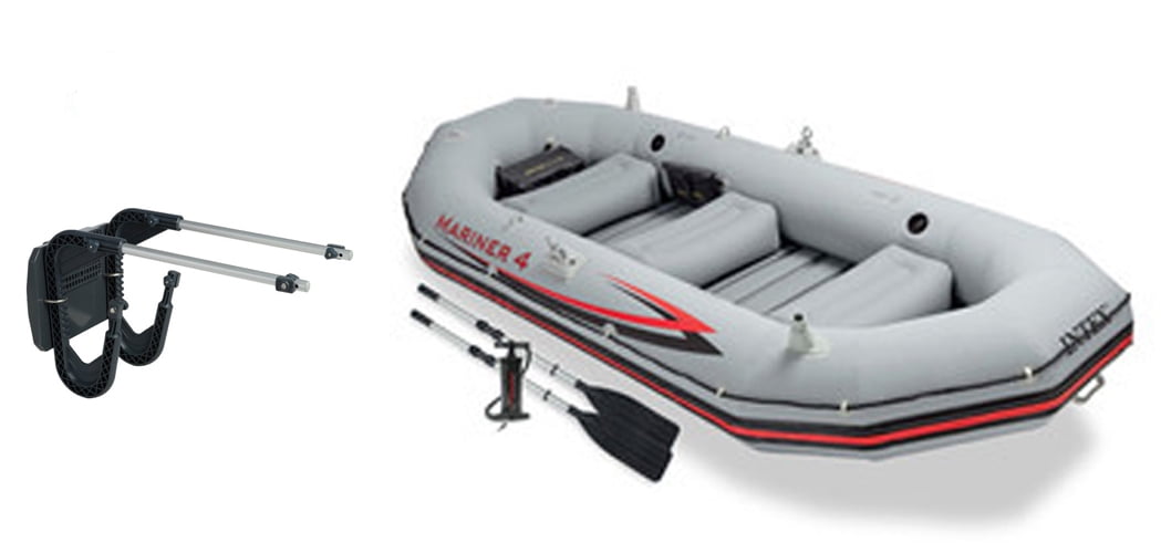 Intex Mariner 4 Inflatable Raft River Lake Dinghy Boat Set & Motor Mount Kit by Intex