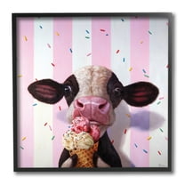 Industries Cute Baby Cow with Ice Cream Cone Pink Stripes 12 in x 12 in Framed Painting Art Print, by Stupell Home Décor