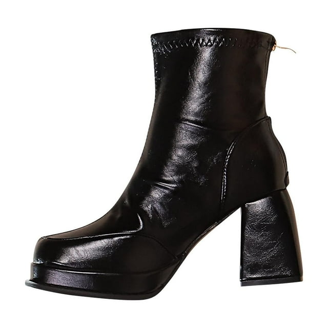 Black Boots For Ladies Casual Short Solid Color Square Toe Trousers Back Zipper High Heels Thick Heels Ankle Spring Style Slip On Comfortable Size 41