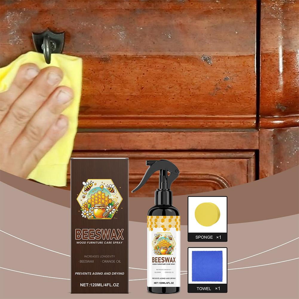 3pcs Beeswax Wood Furniture Polish Spray with Orange Oil, 120ml Cleaner Kit with Sponge & Towel, Wood Care for Tables Cabinets Living Room
