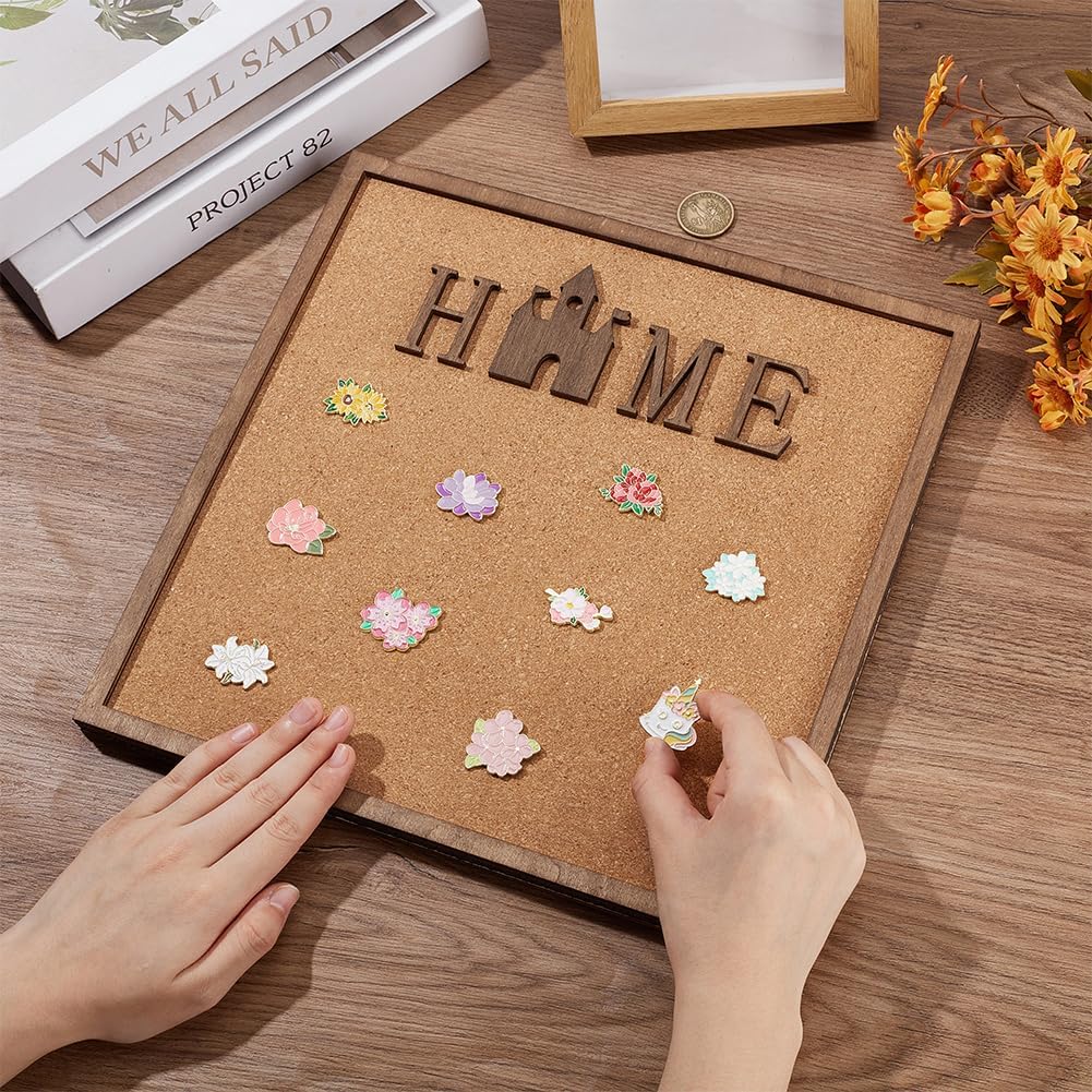 Square Home Word Pin Board Cork Board 11.8x11.8inch Bulletin Display Board Wall Mounted Cork Board with Saddle Brown Frame for Brooch Pin Storage Display Office Home Decor