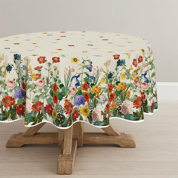 Spring Tablecloth 70×70 Inch Round, Floral Flowers Watercolor Washable Table Cover for Party Picnic Dinner Decor
