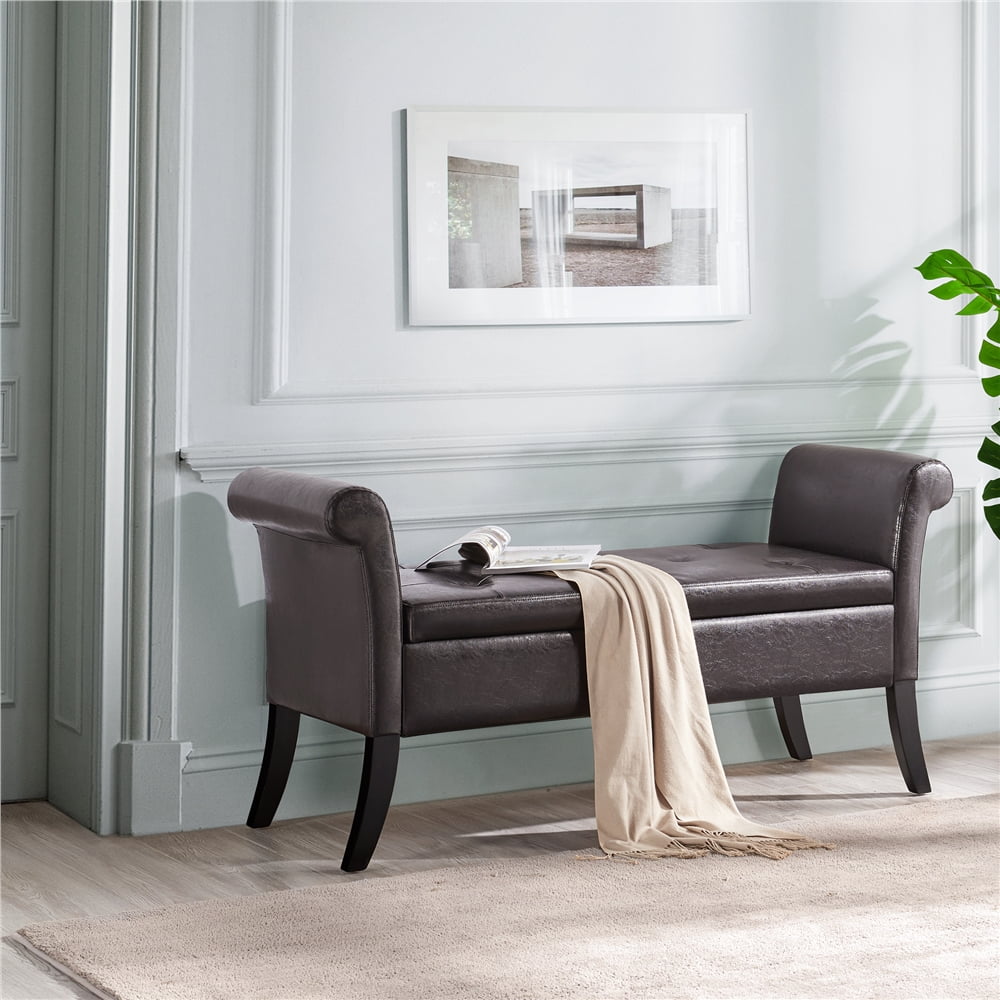 Alden Design Faux Leather Upholstered Storage Bench for Home, All Ages, Dark Brown