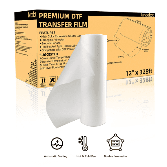 Lancelot Premium DTF Transfer Film Roll, 12" x 328ft - Double-Sided Matte Pet Film for DTF Printing, Custom T-Shirt Transfers, Crafts & Apparel Design