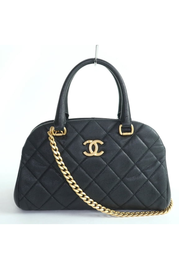 Pre-Owned CHANEL AS3893 Caviar Skin Matelass Coco Mark 2-Way Bowling Bag Handbag Black Gold...