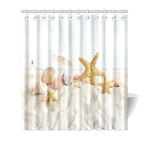 Bathroom Waterproof Fabric Shower Curtain Set Sand Beach Starfish Shell Seascape 