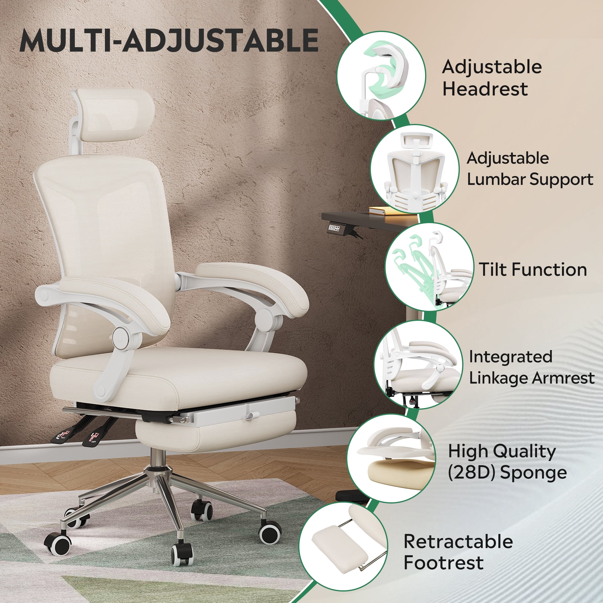GALAXHERO Ergonomic High Back Office Chair with Footrest, Big and Tall Adjustable Desk Chair, Reclining with Lumbar Support, SGS Class 4 Gas Lift, for Home & Office Use, White