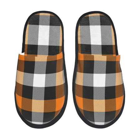 Balery Orange Plaid Slient Indoor Furry Fleece Comfort House Shoes Soft Non-Slip Home Shoes Cotton slippers House Slippers-- Medium