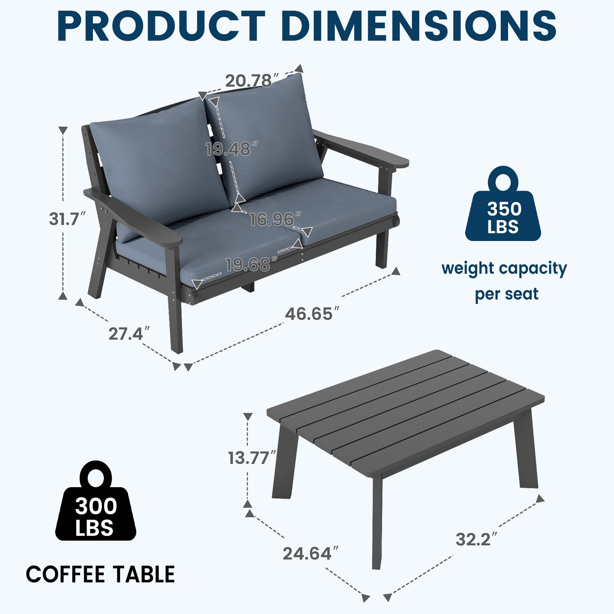 FOOWIN 4-Piece Patio Furniture Set, HDPE Outdoor Conversation Set with 4 Seating & Cushions, Perfect Patio Sofa Set for Garden, Porch, Backyard, Grey Frame with Grey Cushion