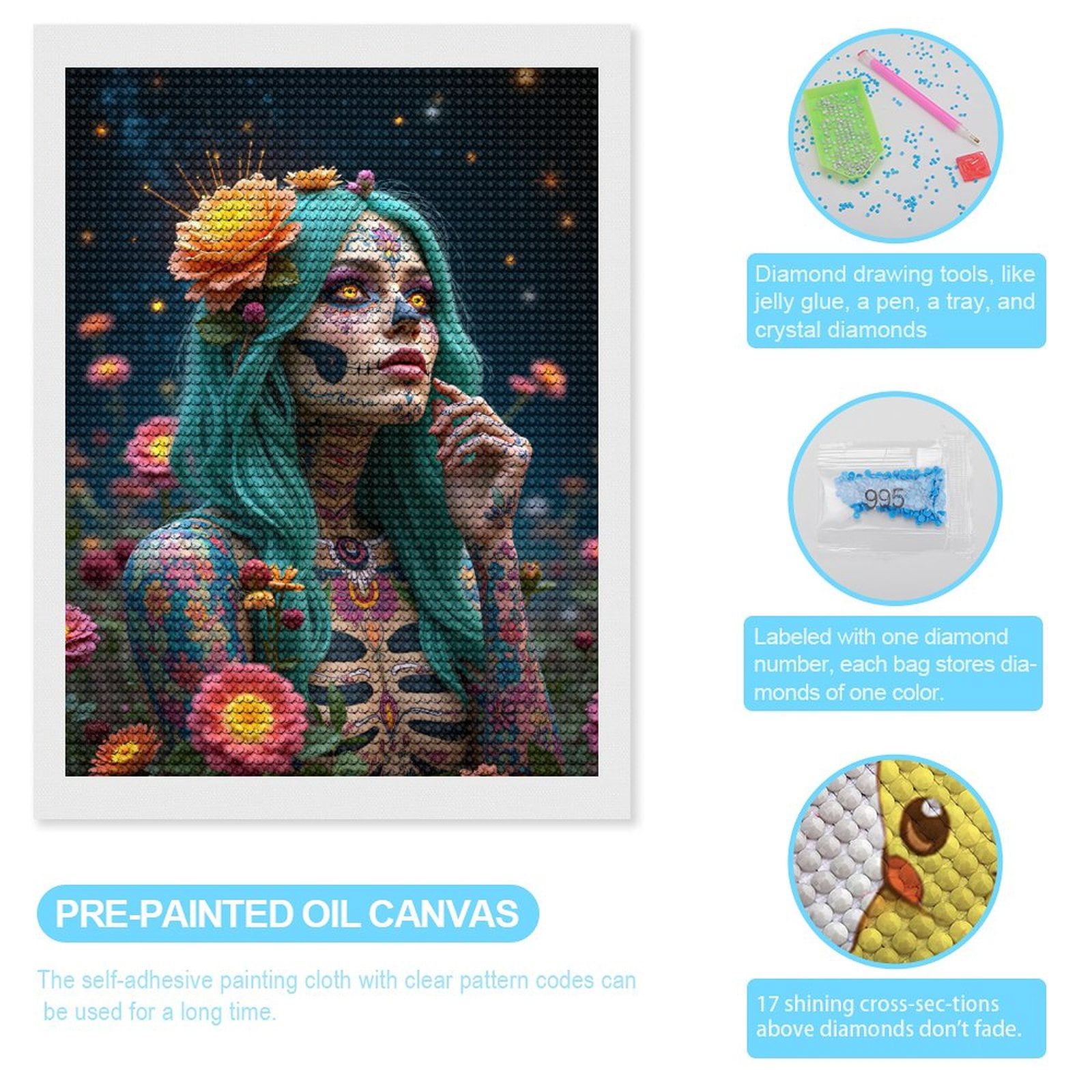 Diamond Art Kits for Adults, Tattooed Woman Floral Face Art 5D Diamond Painting Kits for Adults Beginners, DIY Full Drill Diamond Painting, Gem Art and Crafts 12x16