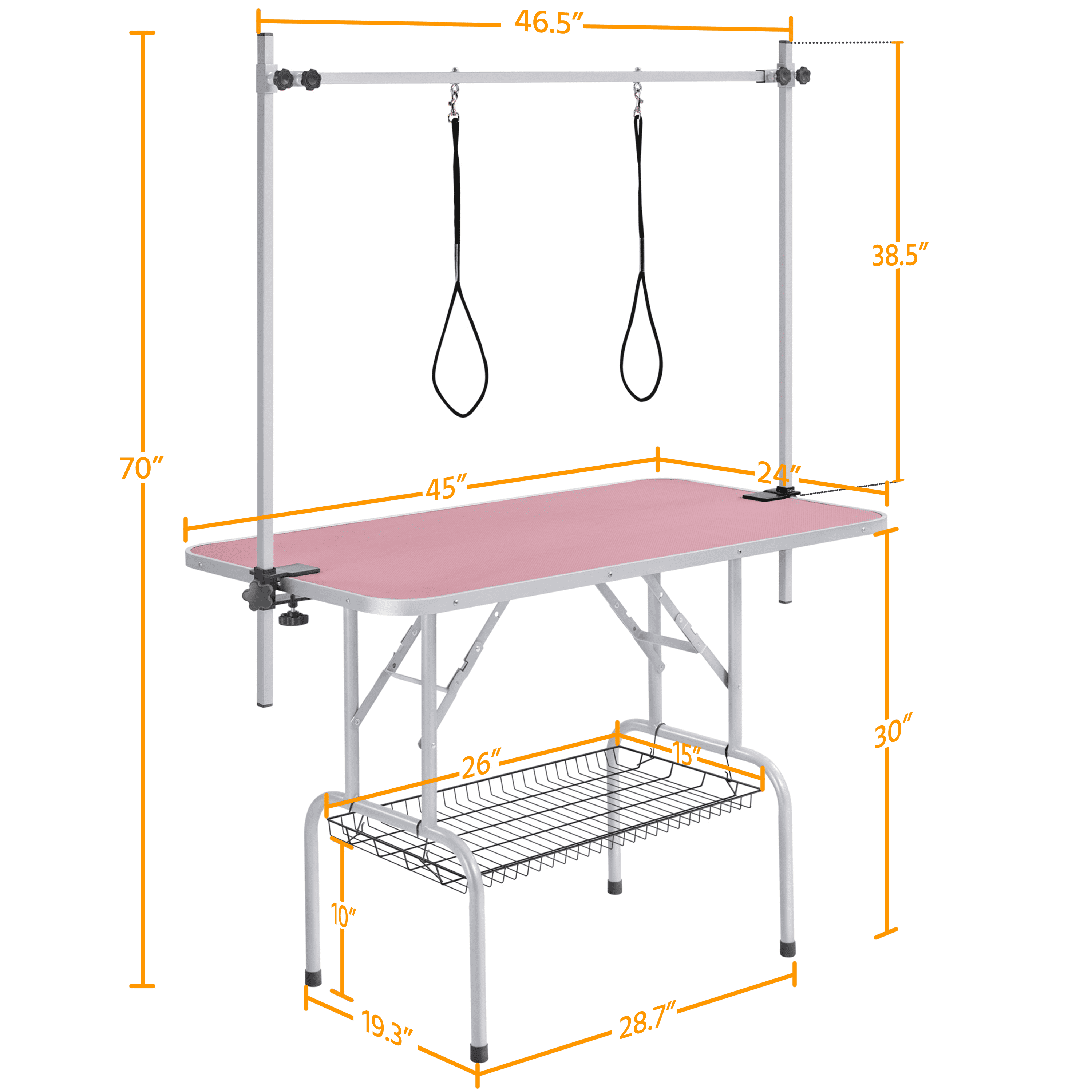 Yaheetech 45" Height Adjustable Pet Grooming Table Stainless Metal Arm Frame for Dogs/Cats/Pet Tools Storage Rack, Pink