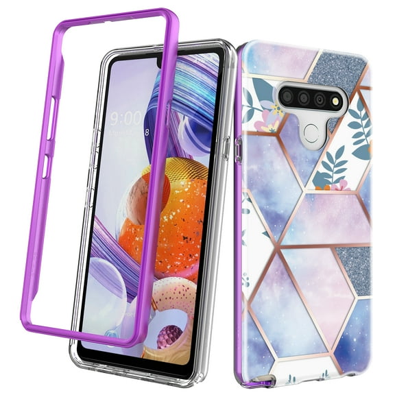 LG Stylo 6 Case, Rosebono Hybrid Dual-Layered IMD Design Graphic Purple Marble and Flower Anti-Scratch Drop Protection Skin Cover Shockproof Case for LG Stylo 6