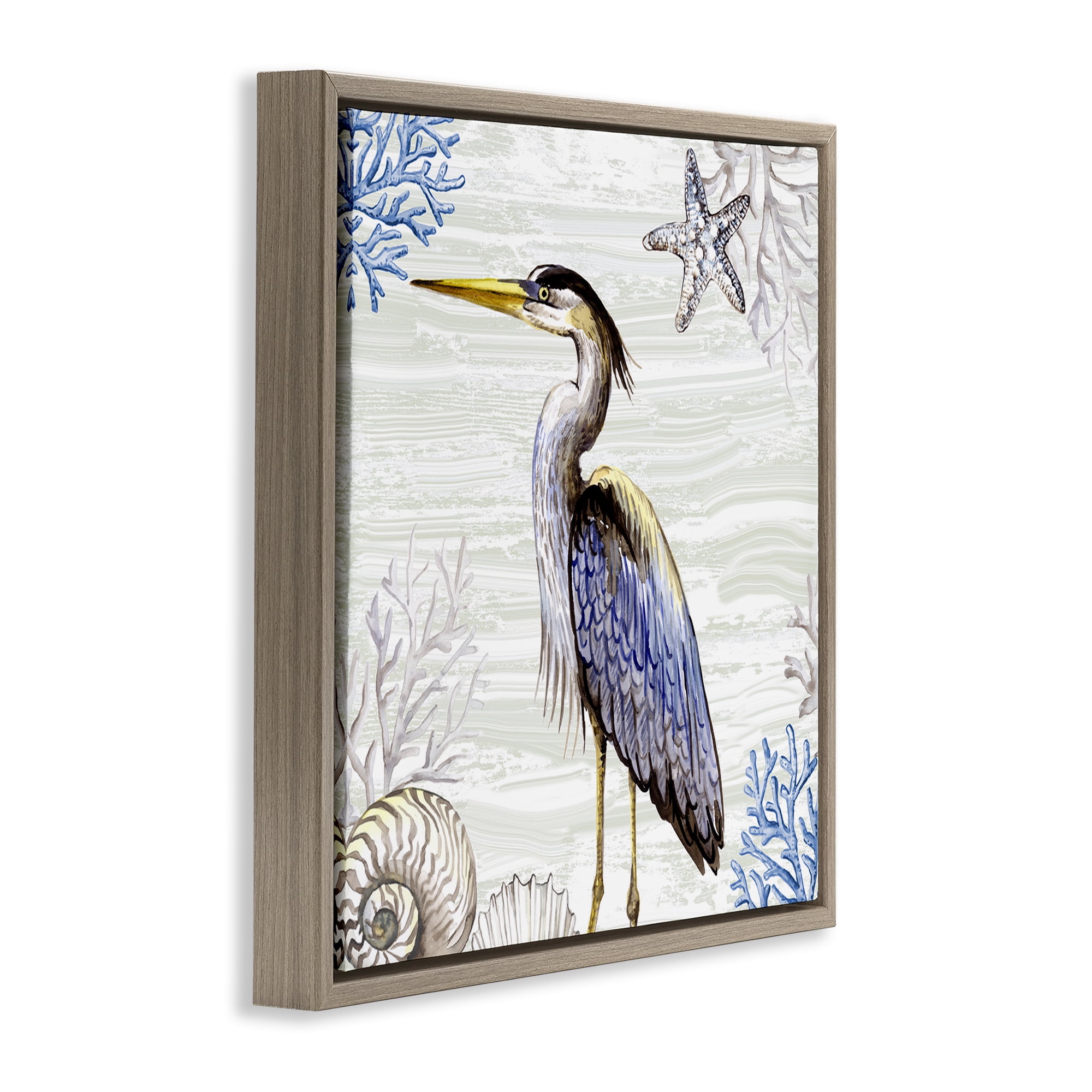 Stupell Industries Beach Bird Heron & Coral Animals Painting Brown Floater Framed Canvas Art Print Wall Art, 25 x 25