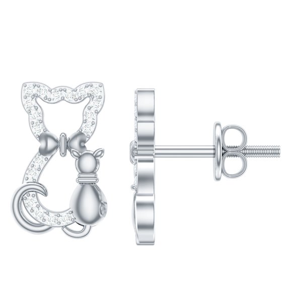 Rosec Jewels Cute Cat Earrings for Women - Certified Diamond Stud Earrings (HI-SI Grade), 925 Sterling Silver