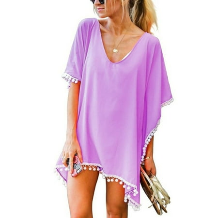 MSJUHEG Tassel Cover Up for Women Cute Coverups Chiffon Cover Up Women s Trim Kaftan Chiffon Tassels Swimwear Beach Loose Bikini Cover Up Tops Mesh Cover Up Womens Swim Suit Cover Up Purple L