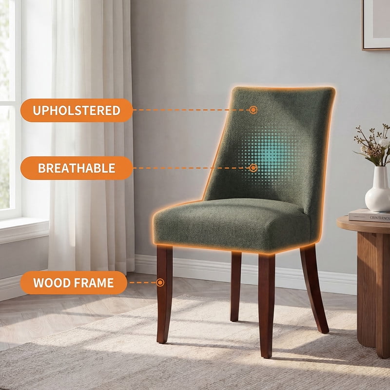 COLAMY Upholstered Dining Chairs Set of 6, Mid Century Modern Fabric Kitchen Chairs with 275lbs Weight Capacity, Sturdy Wood Legs Dining Chairs for Restaurant, Green