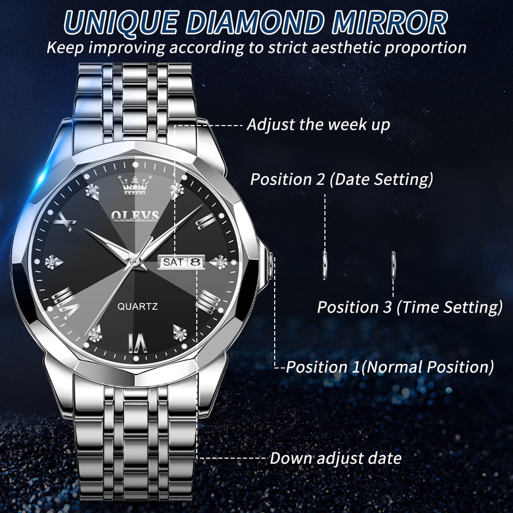 OLEVS Watches for men Diamond Business Dress Luxury Casual Analog Quartz Stainless Steel Waterproof Luminous Date Men Wrist Watches reloj para hombre Black Dial