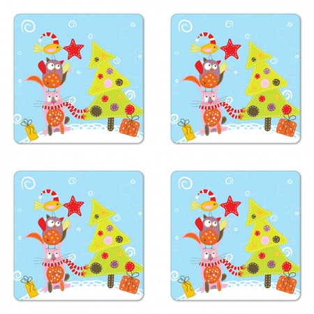 

Christmas Coaster Set of 4 Funny Cartoon Cat Owl and a Bird Best Friends Animals Gifts Noel Print Square Hardboard Gloss Coasters Standard Size Green Blue by Ambesonne