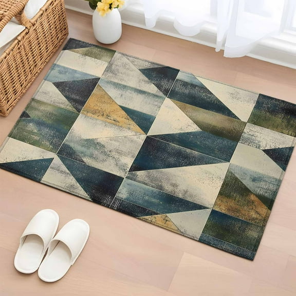 Rhombus Navy Blue Green Bathroom Rug Washable 2x3 Entryway Rug Non Slip Geometric Modern Abstract Front Door Mat Low Pile Indoor Doormat Throw Floor Carpet for Kitchen Bedroom Entrance